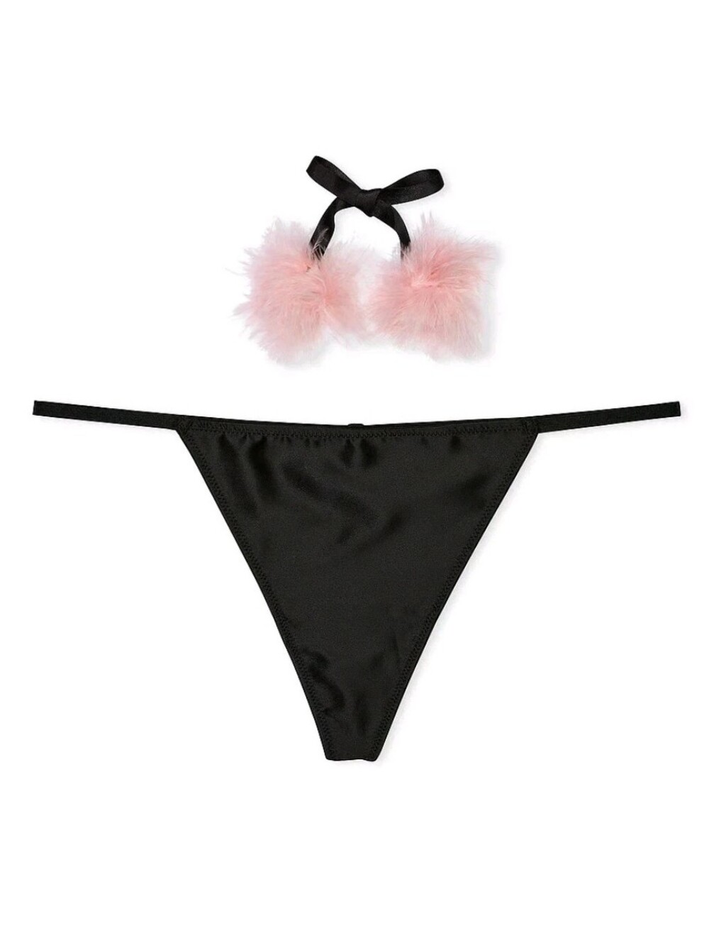 Victoria's Secret Dream Angels Satin Pom Pom V-String Panty BLACK MEDIUM